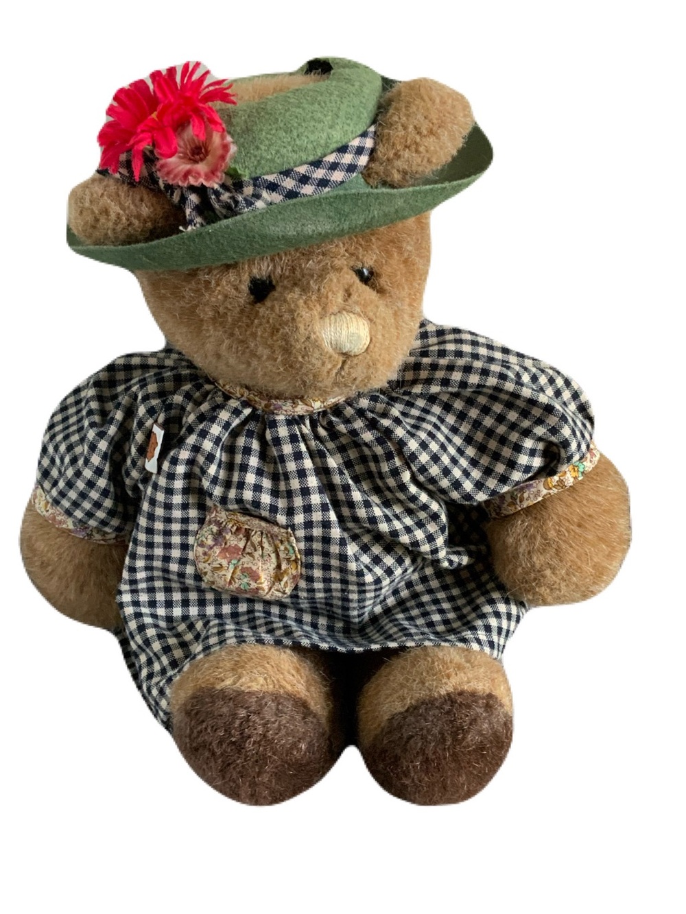 Gund 1985 Plush Teddy Model #2132  in Navy & Cream Gingham Dress